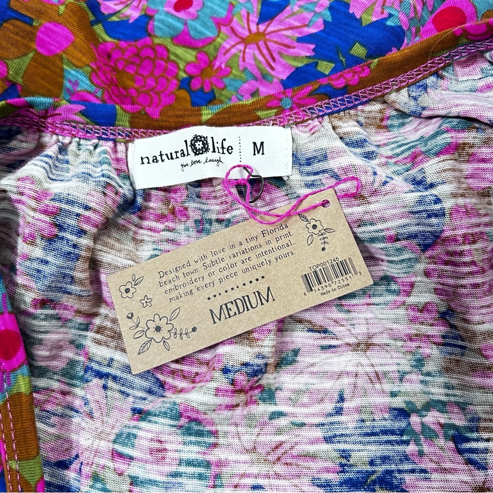 NWT NATURAL LIFE Pink Multicolor Floral Boxy Babydoll Tank Top Medium Cotton - Picture 3 of 9